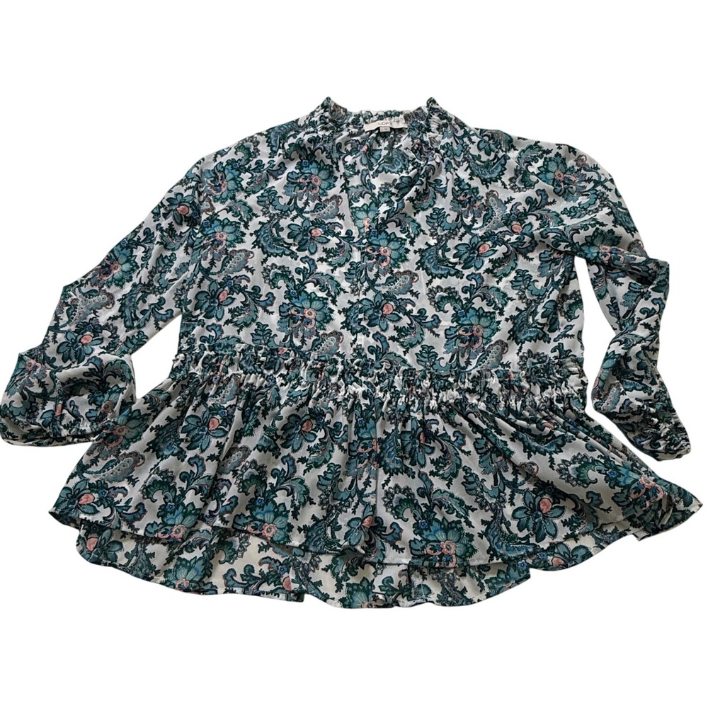 LOFT Peplum‎ Blouse Womens Large Teal Paisley Floral Ruffle Neck Long Sleeve Top